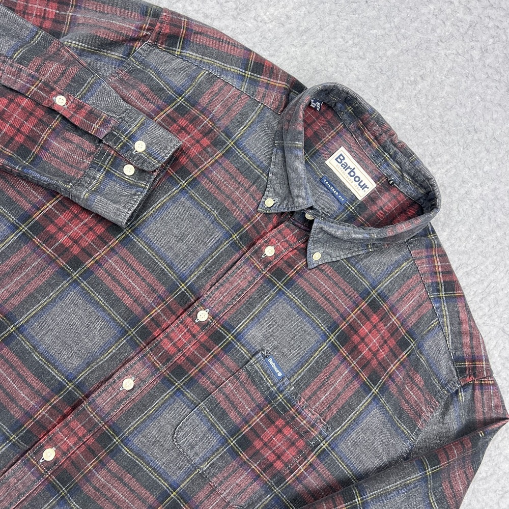 Barbour Southfield Tailored Checked Corduroy Shirt Men's XXL Gray Button Up